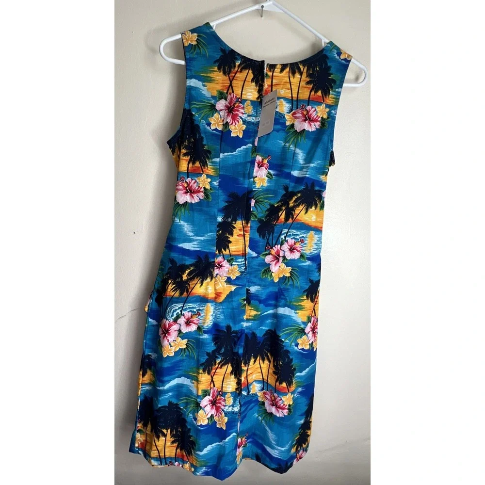Pacific Legend Sleeveless Faux Wrap Above Knee Dress Women's Sz M Blue Tropical‎